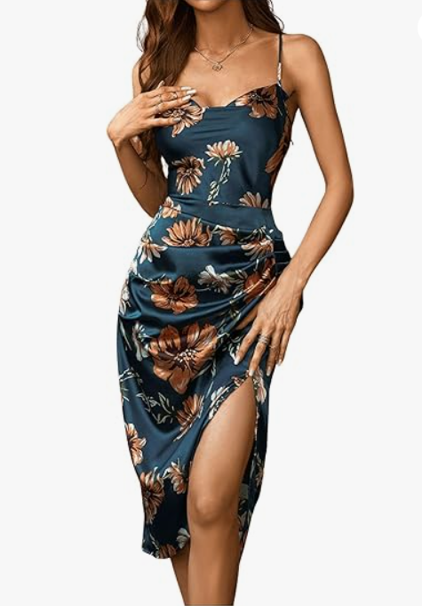 WDIRARA Women's Floral Print Cowl Neck Sleeveless Ruched Split Thigh Satin Cami Summer Dress
