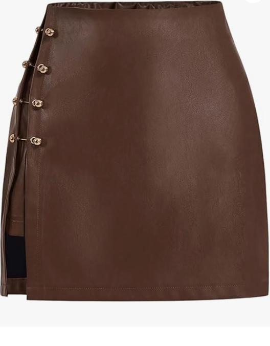 WDIRARA Women's Side Slit Metallic Trim High Waisted Faux Leather Short Skirts