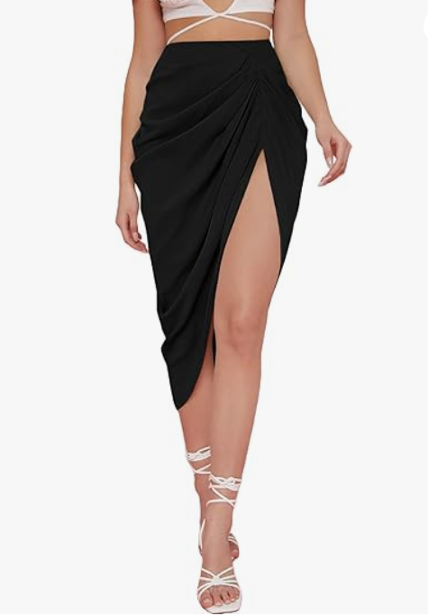 WDIRARA Women's Skirts Split Thigh Front Satin Skirt High Waist Ruched Zip Back WrapMidi Skirt